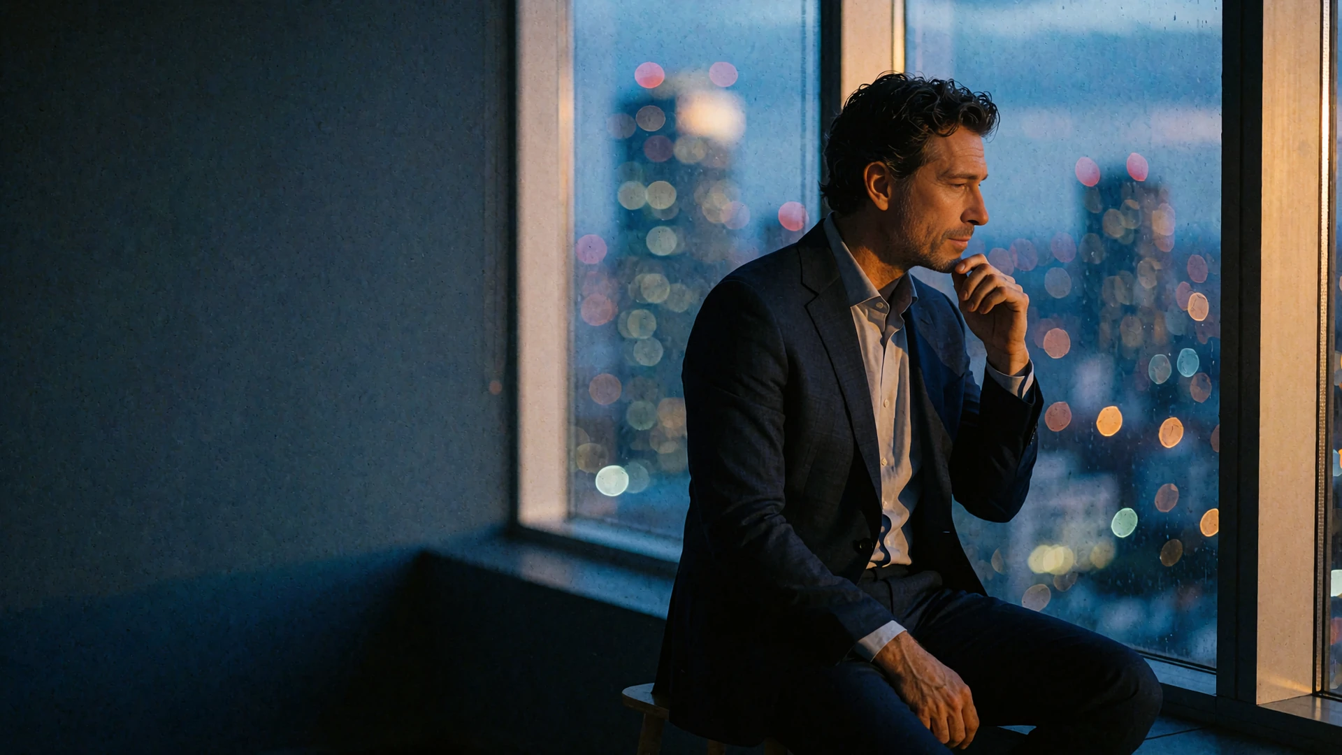 Man in a navy suit seated by a city window at dusk